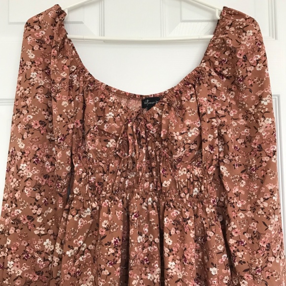 Streetwear Society Sweetheart Neckline Tie Floral Dress S Brown Pink Long Sleeve - Picture 3 of 15